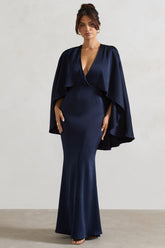 Navy Satin Plunge-Neck Maxi Dress With Cape Sleeves